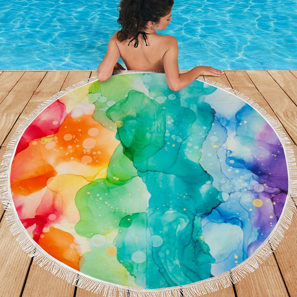 Home Decor Circular Beach Towel - Happy Rainbow - Glitter Enthusiast